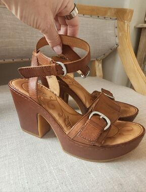 Women's Brown Leather Born Platform Sandals with Buckle Ankle Strap SIZE 8, 39